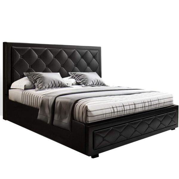 Fanno-Gas Lift Bed Frame Double Size Storage Black Upholstered PVC Leather Tufted