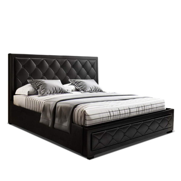 Fanno-Gas Lift Bed Frame Queen Size Black Storage Tufted PVC Leather Modern Design