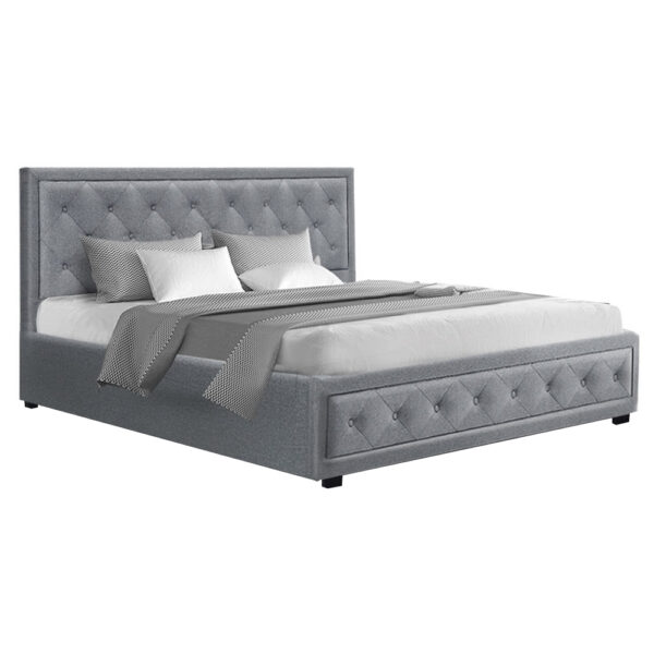 Fanno-Gas Lift Bed Frame King Size Grey Faux Linen Storage Tufted Headboard