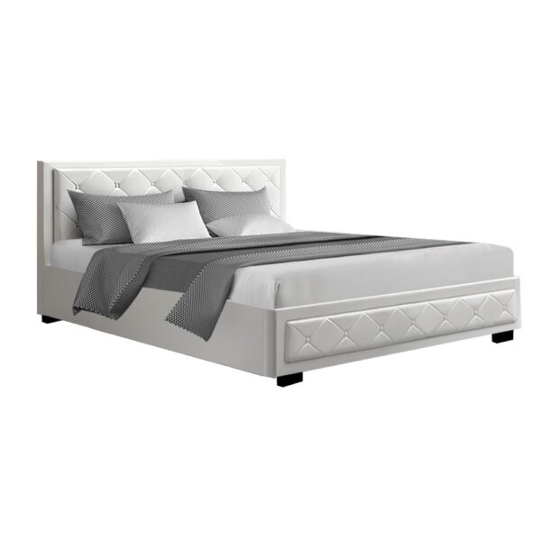 Fanno-Gas Lift Bed Frame King Size White Storage PVC Leather Tufted Headboard