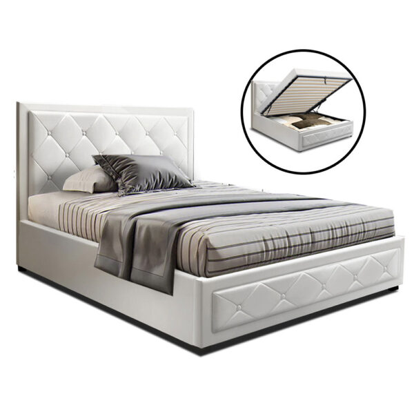 Fanno-Gas Lift Bed Frame King Single Storage White PVC Leather Tufted Headboard