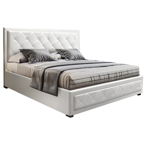 Fanno-Gas Lift Bed Frame Queen Size White Storage Upholstered PVC Leather Modern Design