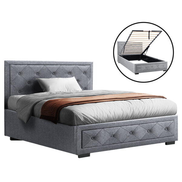 Fanno-Gas Lift Bed Frame King Single Storage Faux Linen Upholstered Grey 203cm x 107cm