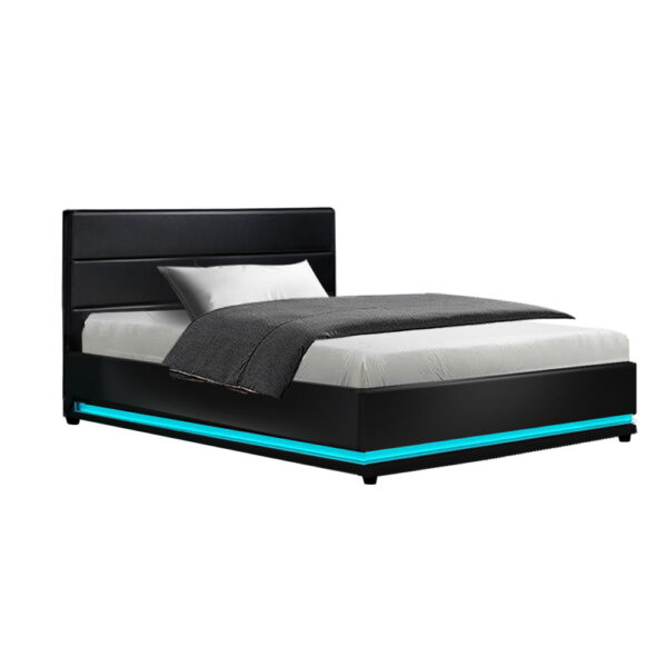 Fanno-Gas Lift Bed Frame with LED Lighting and Storage King Single Size Black