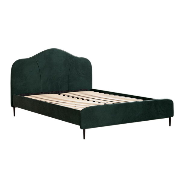 Fanno-Queen Size Velvet Bed Frame in Dark Green with Wooden Slats and Plush Headboard