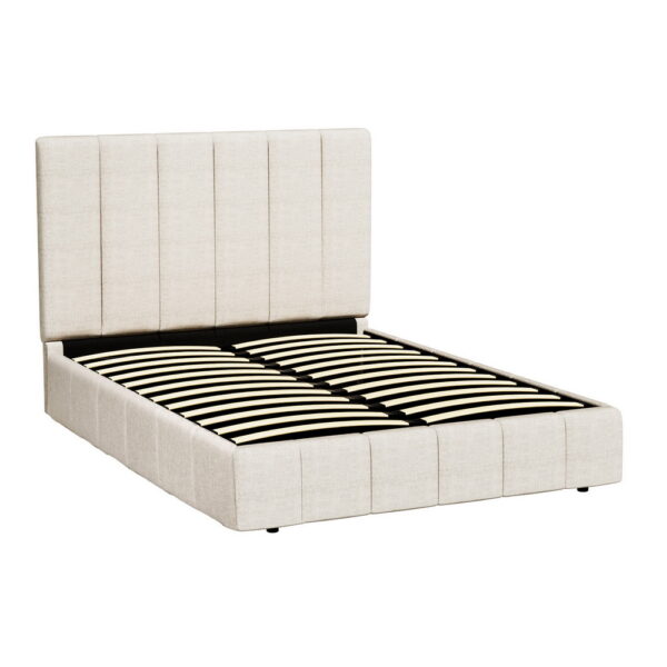 Fanno-Queen Size Bed Frame with Gas Lift Storage in Beige Linen Upholstery