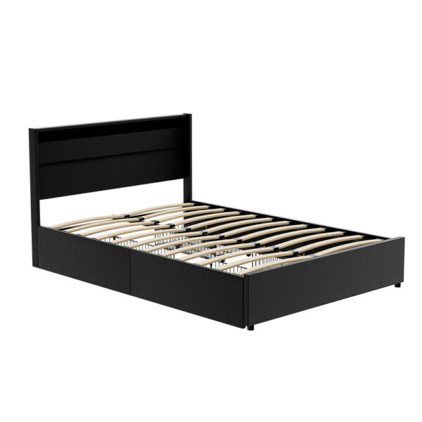 Fanno-Double Bed Frame Black LED 4 Drawers PU Leather Storage Modern Design