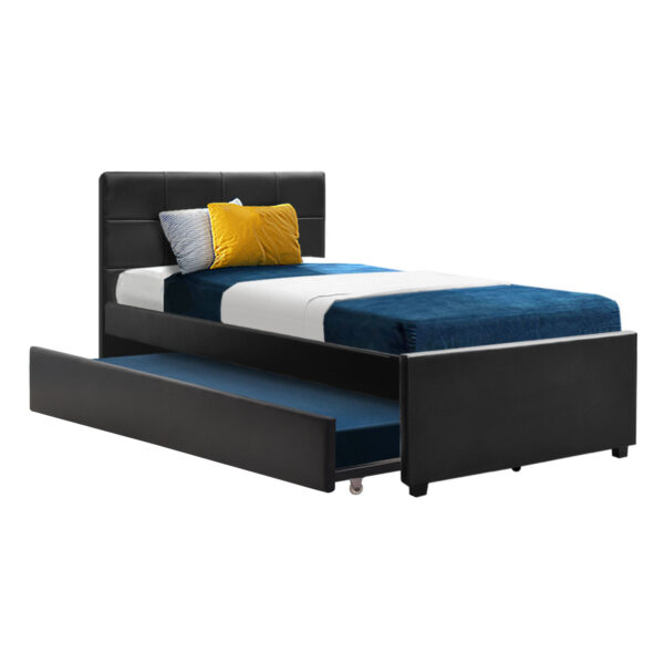 Fanno-Trundle Bed Frame King Single Space Saving Pull Out Black PVC Leather