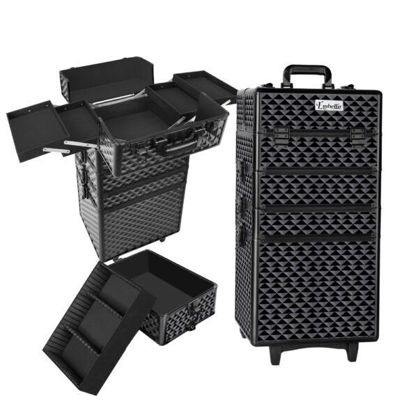 Fanno-7 in 1 Portable Makeup Trolley Case with Wheels and Velvet Interior Diamond Black