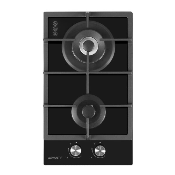 Fanno-30cm Gas Cooktop 2 Burner Black Tempered Glass LPG Natural Gas Kitchen Stove