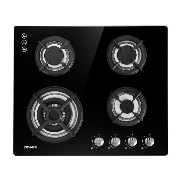 Fanno-60cm Gas Cooktop 4 Burner Black Tempered Glass Easy Ignition LPG Natural Gas