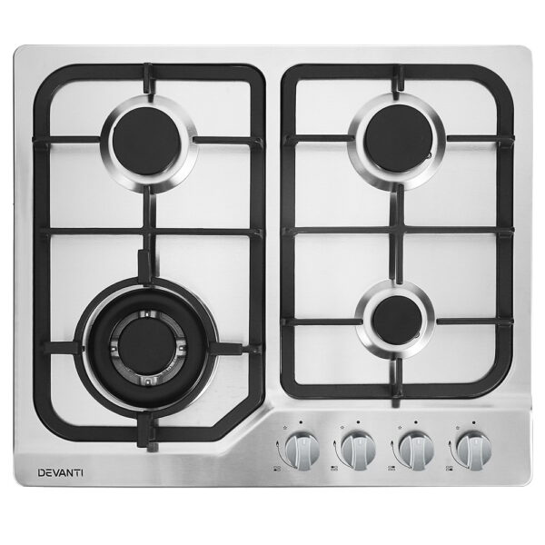 Fanno-60cm Gas Cooktop 4 Burner Stainless Steel LPG Natural Gas Easy Ignition Safety Lock