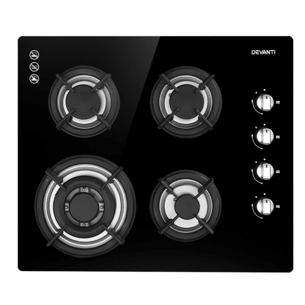 Fanno-60cm Gas Cooktop with 4 Burners Black Tempered Glass for Natural Gas or LPG