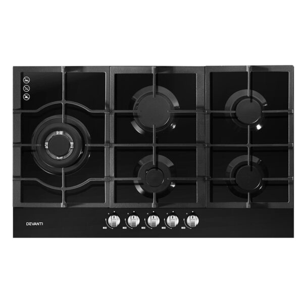 Fanno-90cm Gas Cooktop 5 Burner Black Tempered Glass Easy Ignition LPG Natural Gas