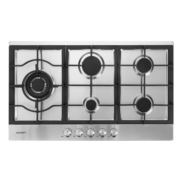 Fanno-90cm Gas Cooktop 5 Burner Stainless Steel LPG Natural Gas Easy Ignition Safety Lock