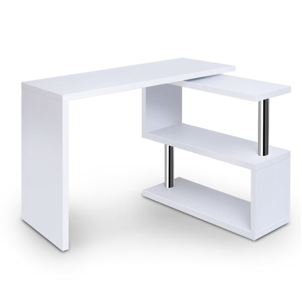 Fanno-Rotatable Corner Desk with Bookshelf White Adjustable Storage Space for Home Office