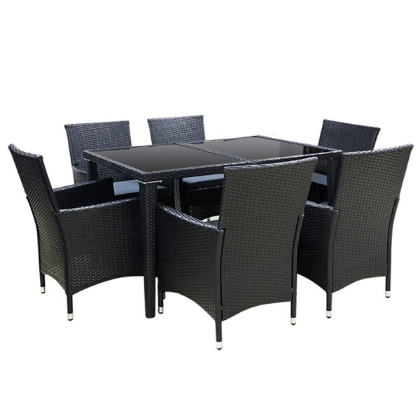 Fanno-Outdoor Dining Set 7 Piece Wicker Furniture with Cushions and Glass Table