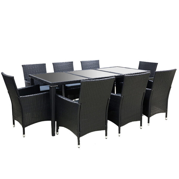 Fanno-9 Piece Outdoor Dining Set with Cushions and Tempered Glass Top Black