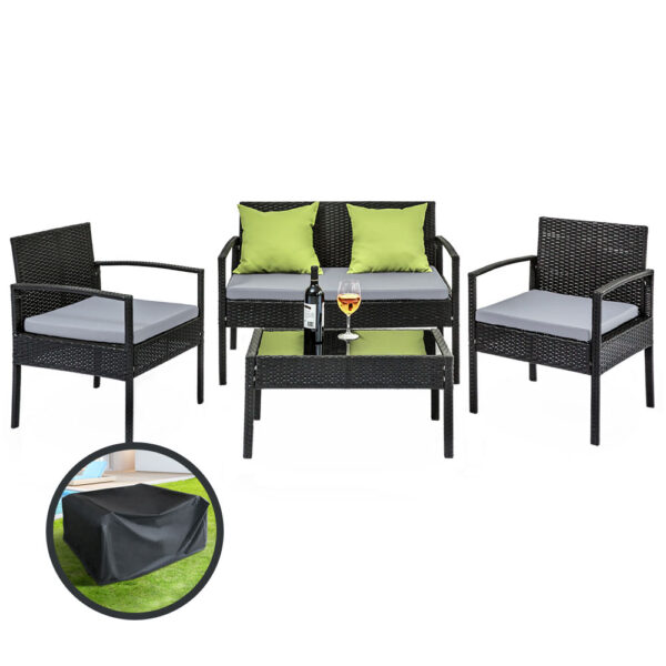 Fanno-Outdoor Furniture Set 4 Seater Sofa with Cushions and Glass Top Table Beige Cover