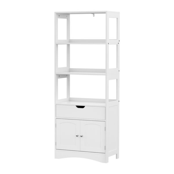 Fanno-Bathroom Floor Storage Cabinet with 2 Drawers 3 Open Shelves 2 Doors White