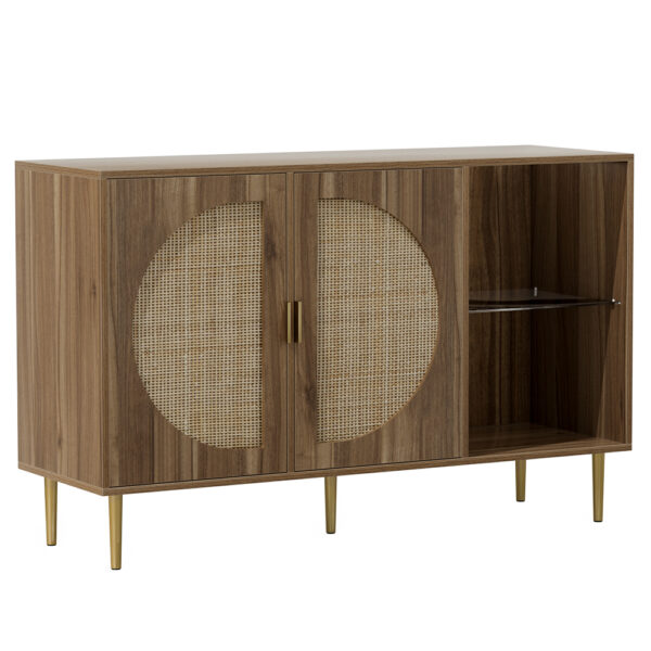 Fanno-Buffet Sideboard with Rattan Doors and Glass Shelves for Coastal Bohemian