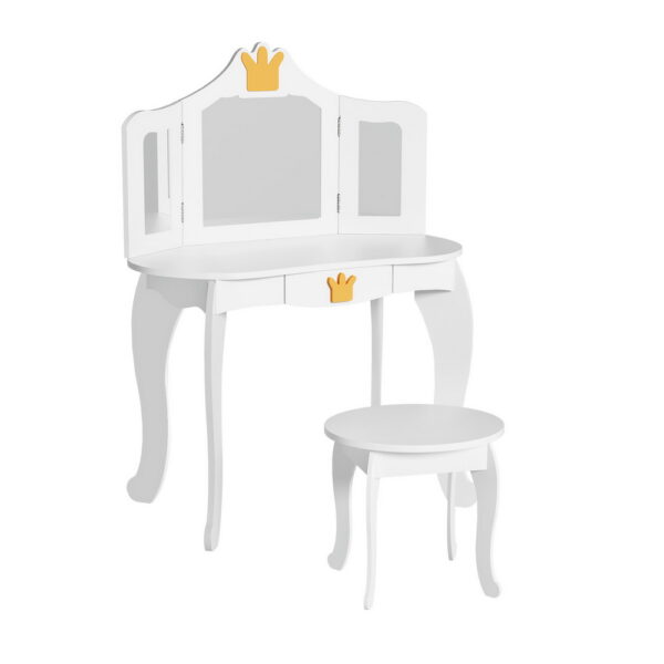 Fanno-Kids Dressing Table Vanity Makeup Chair Set Wooden 3 Mirror Drawer White