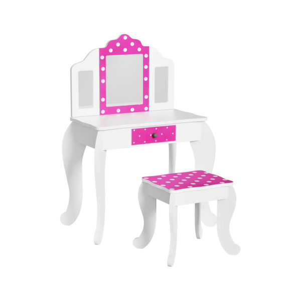 Fanno-Kids Dressing Table Vanity Makeup Chair Set Wooden 3 Mirror Drawer Pink