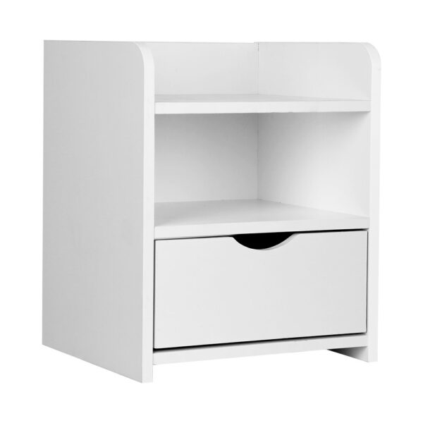 Fanno-Bedside Table with Drawer and Shelf White Durable 15mm Thick Board Furniture