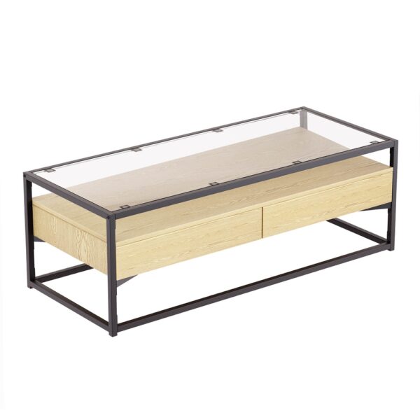 Fanno-Coffee Table with Drawers and Glass Shelf Modern Design for Living Room Pine