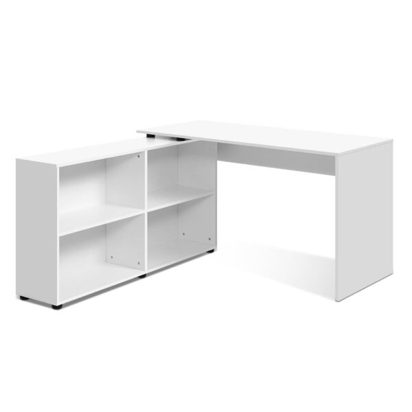 Fanno-L-Shaped Computer Desk with Adjustable Bookcase and 4 Shelves in White