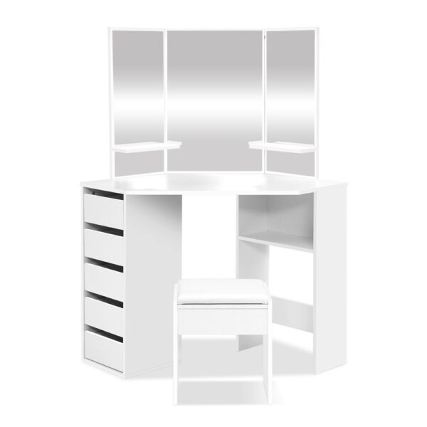 Fanno-Corner Dressing Table Set with 5 Drawers and Mirror for Makeup Storage White