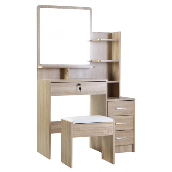 Fanno-Mirrored Dressing Table Set with Stool 4 Drawers Spacious Storage Oak Finish