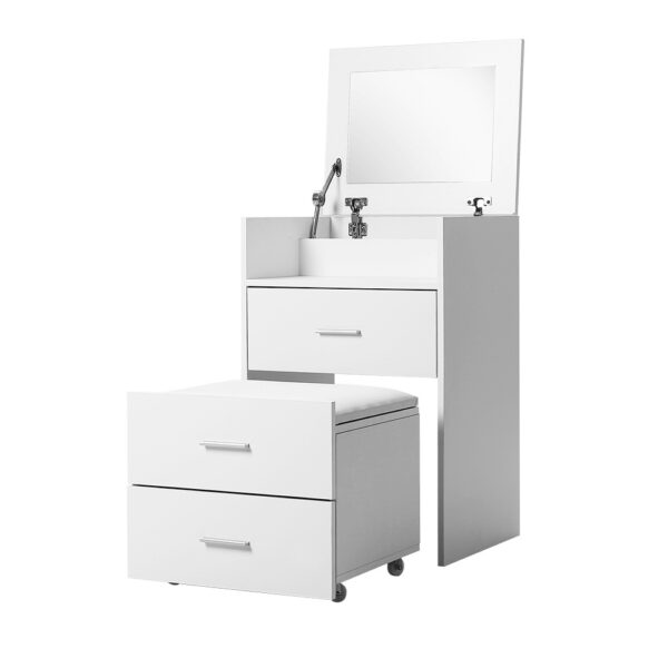 Fanno-2-in-1 Bedside Dressing Table with Hidden Mirror and Padded Stool White