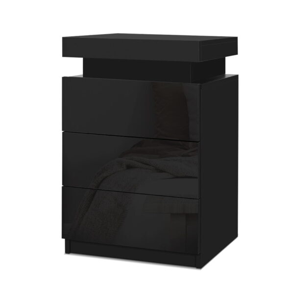 Fanno-LED Bedside Table with 3 Drawers and Customizable 16 Color Lighting Black