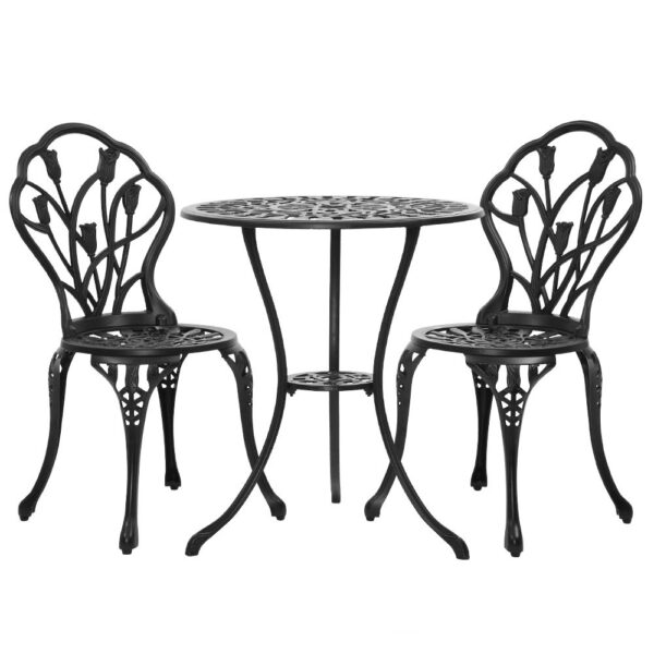 Fanno-Outdoor Bistro Set 3PC Garden Furniture Cast Aluminum Table Chairs Black