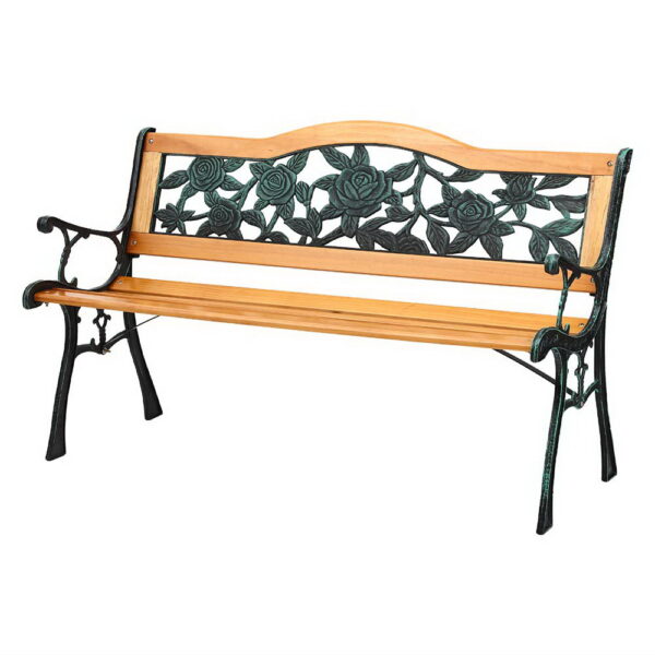 Fanno-Outdoor Garden Bench Seat 126cm Wooden Cast Iron 3 Seater Patio Furniture