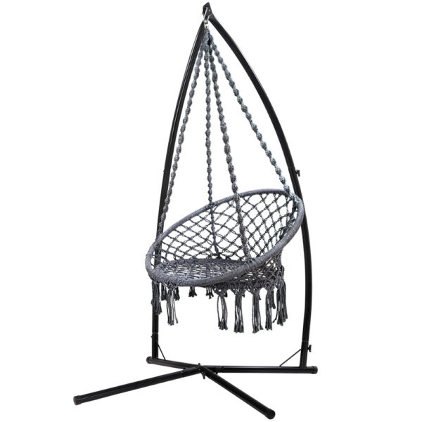 Fanno-Hammock Chair Set with Steel Stand Indoor Outdoor Macrame Grey Durable Relaxation