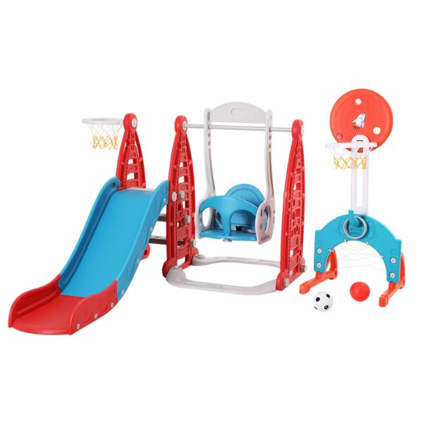 Fanno-6-in-1 Kids Slide Swing Set with Basketball Hoops Football Goal Indoor Outdoor Fun