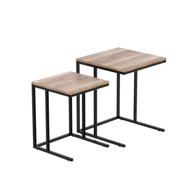 Fanno-Nesting Side Table Set of 2 Industrial  Space-Saving Wooden Top Black Legs