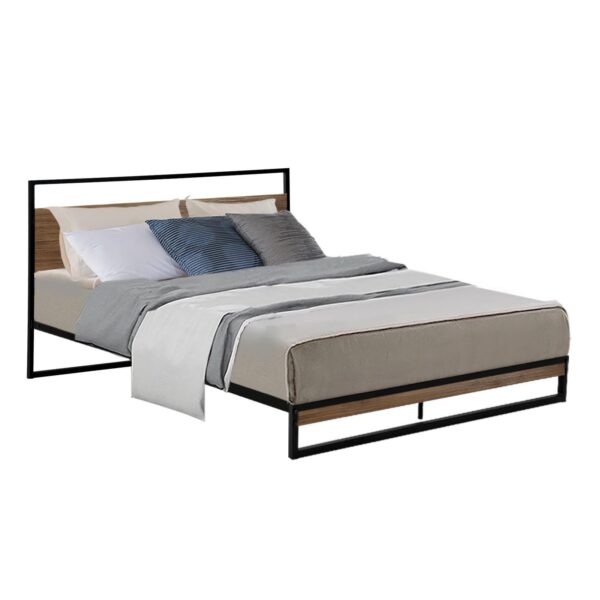 Fanno-Metal and Wood Bed Frame Double Size Industrial Design with Strong Support