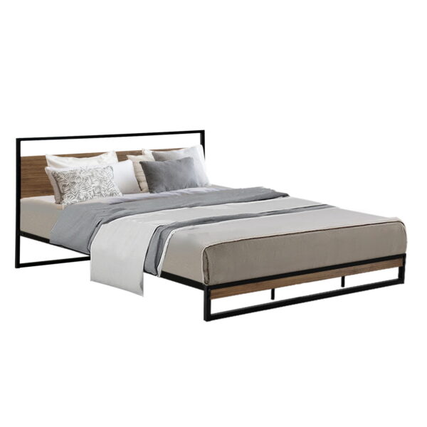 Fanno-Metal and Wood King Size Bed Frame with Industrial Design and Strong Support