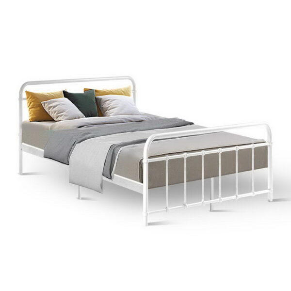 Fanno-Metal Bed Frame Double Size White Country  with Storage and Strong Support