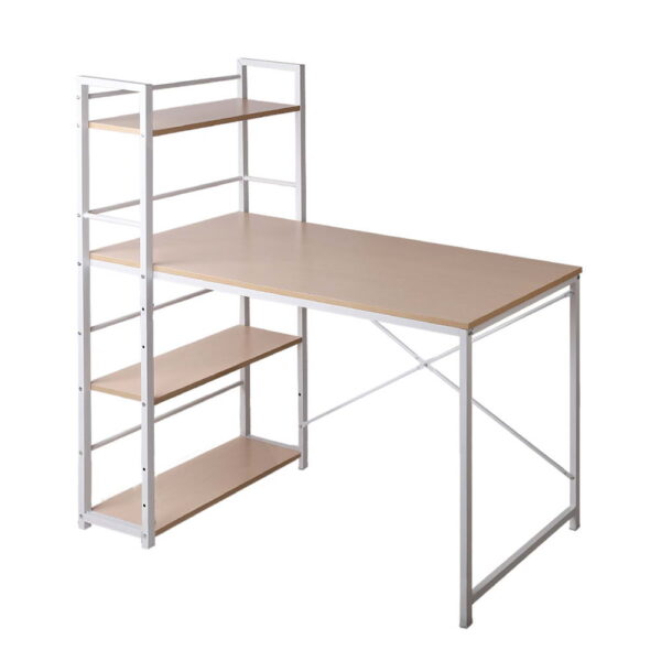 Fanno-Metal Computer Desk with Shelves White Oak Top for Home Office Storage