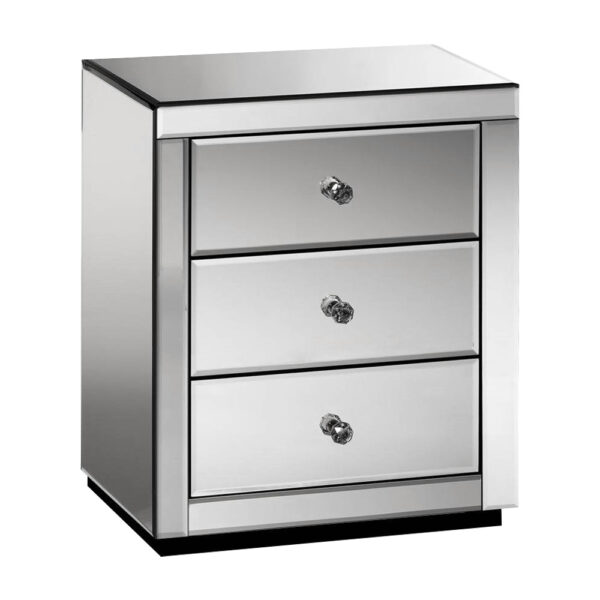 Fanno-Mirrored Bedside Table with 3 Drawers Smoky Grey Elegant Storage Solution