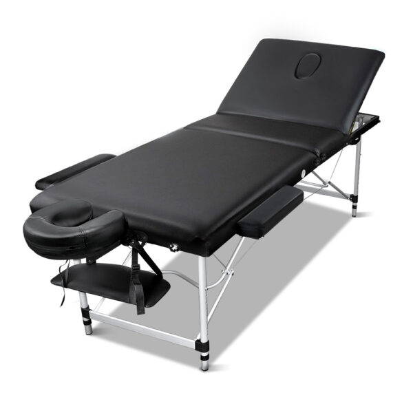 Fanno-Portable Aluminium 3 Fold Massage Table with Adjustable Height and Face Cradle Black