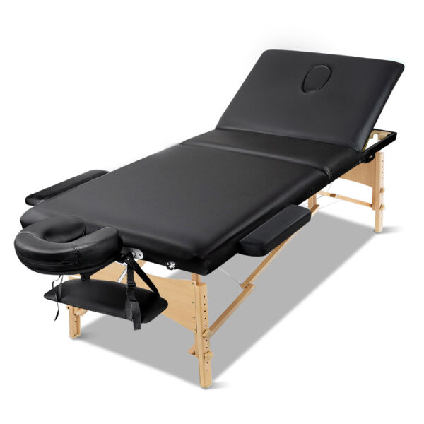 Fanno-Portable 3 Fold Wooden Massage Table Bed Adjustable Height Black 70cm