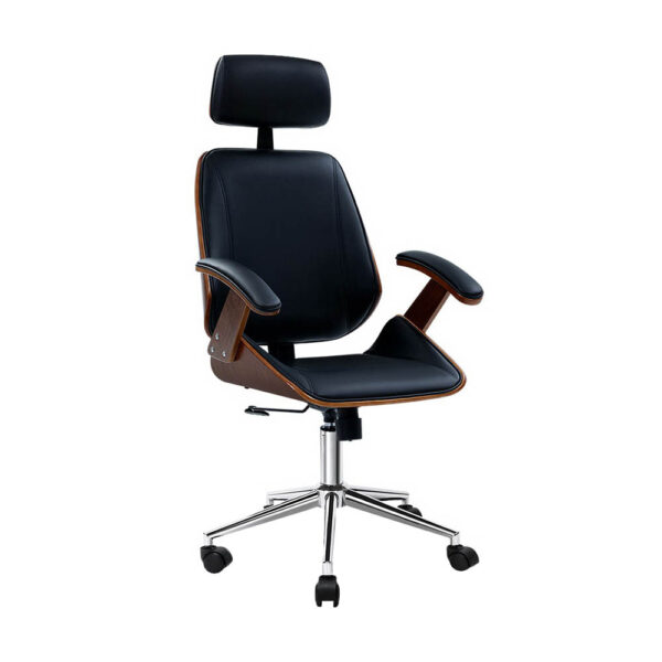 Fanno-Wooden Office Chair with Leather Seat and Chrome Base Adjustable Height Black