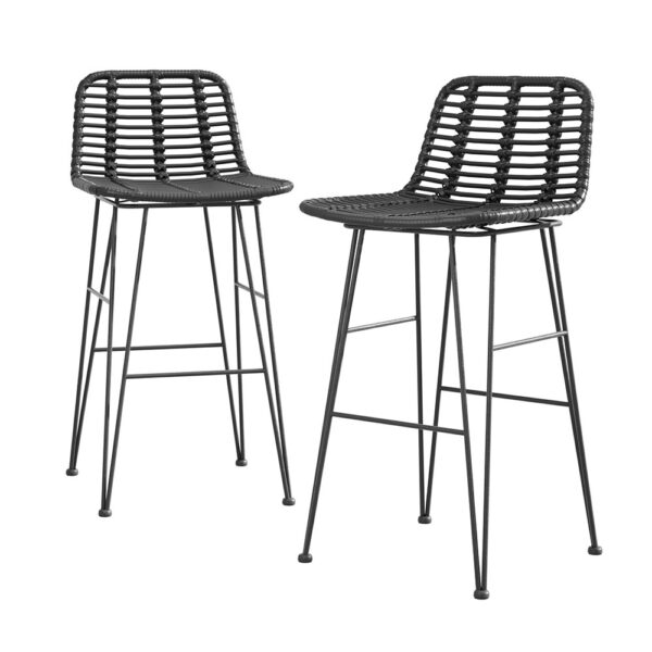 Fanno-Outdoor Wicker Bar Stools Set of 2 Comfortable Weather Resistant Black Chairs