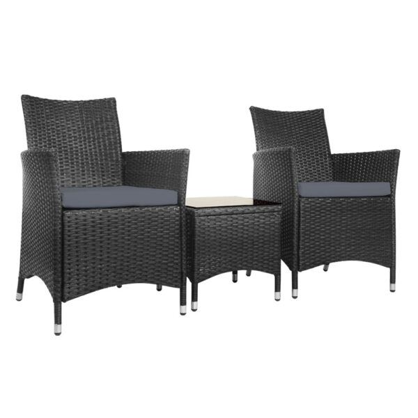 Fanno-3pc Outdoor Bistro Wicker Furniture Set with Cushions and Glass Table Black