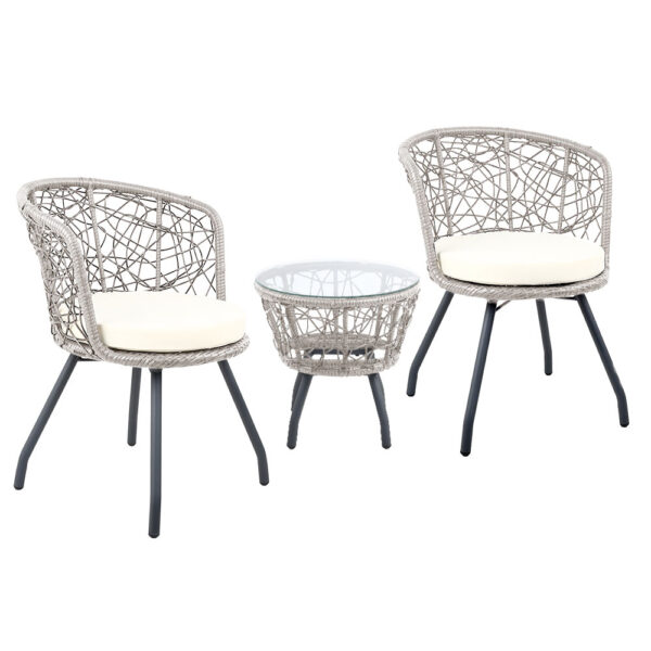 Fanno-Outdoor Rattan 3-Piece Bistro Set with Cushions Table and Chairs for Patio Garden